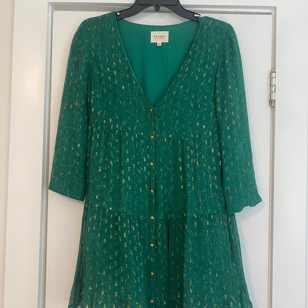 Sezane Green + Gold Metallic Babydoll Dress